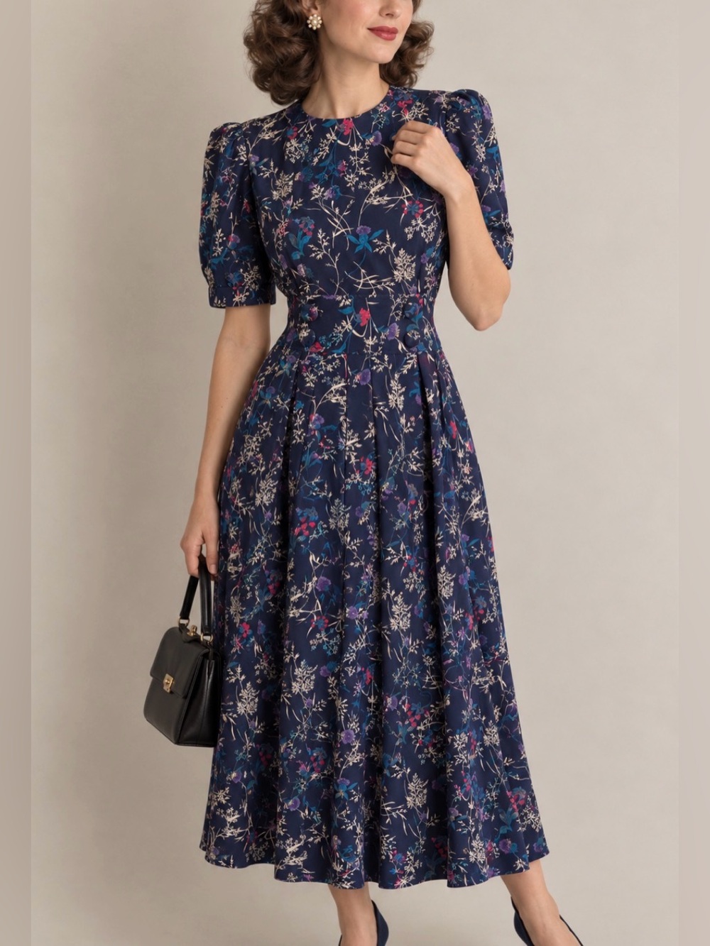 Karin Stevens Vtg Floral Pleated Midi A-Line Dress 4